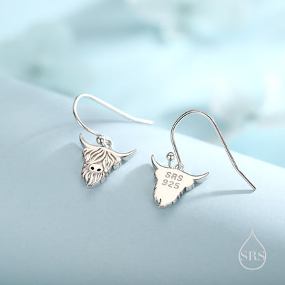 Highland Cow Drop Dangling Earrings in Sterling Silver, Available in Silver, Gold or Rose Gold, Scottish Inspired Highland Cow Hook Earrings
