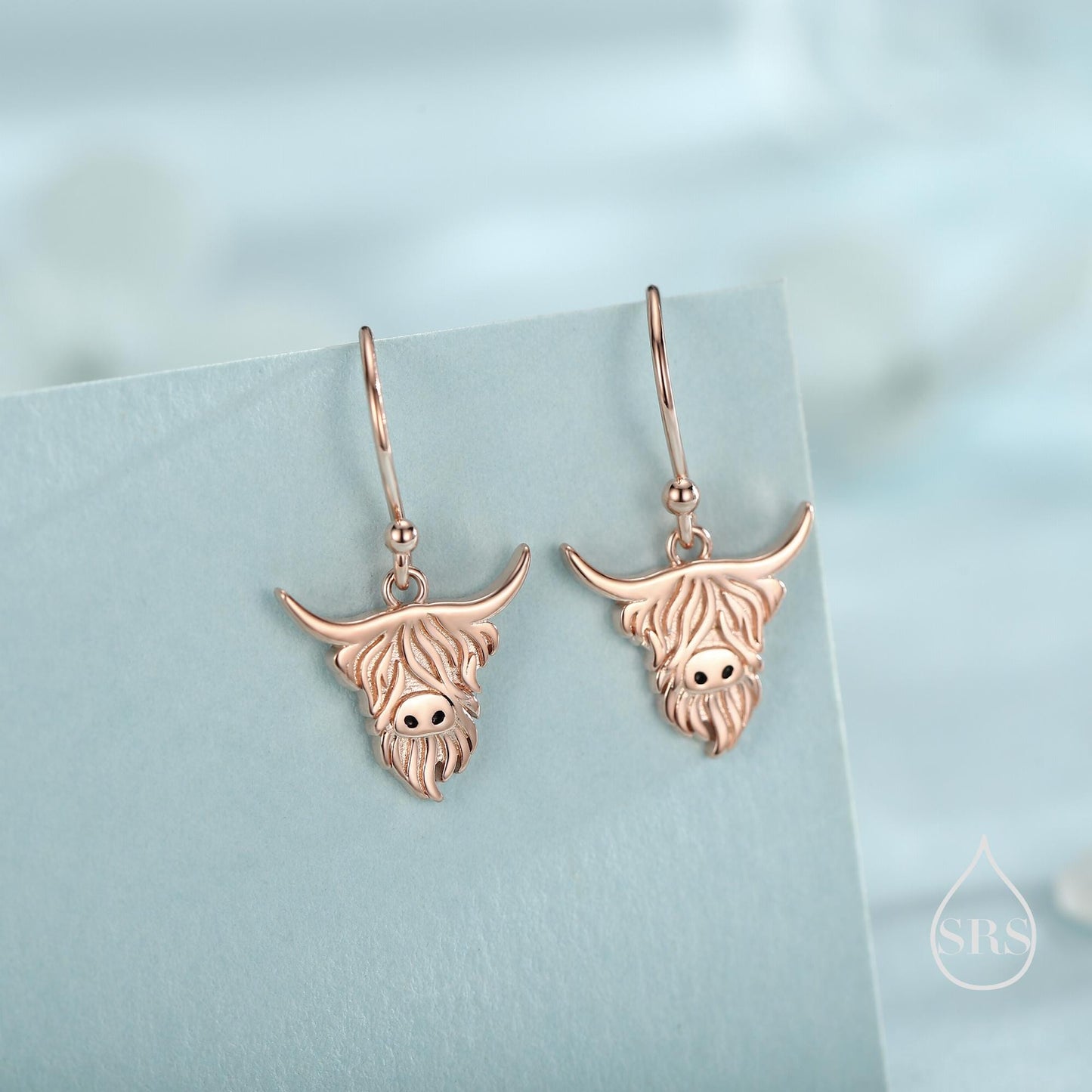 Highland Cow Drop Dangling Earrings in Sterling Silver, Available in Silver, Gold or Rose Gold, Scottish Inspired Highland Cow Hook Earrings
