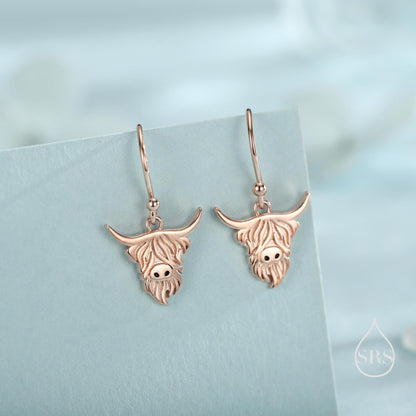 Highland Cow Drop Dangling Earrings in Sterling Silver, Available in Silver, Gold or Rose Gold, Scottish Inspired Highland Cow Hook Earrings