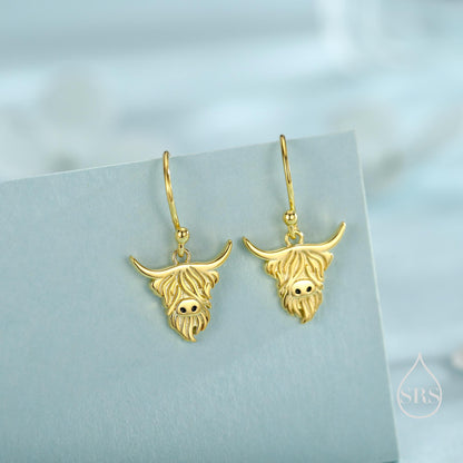 Highland Cow Drop Dangling Earrings in Sterling Silver, Available in Silver, Gold or Rose Gold, Scottish Inspired Highland Cow Hook Earrings