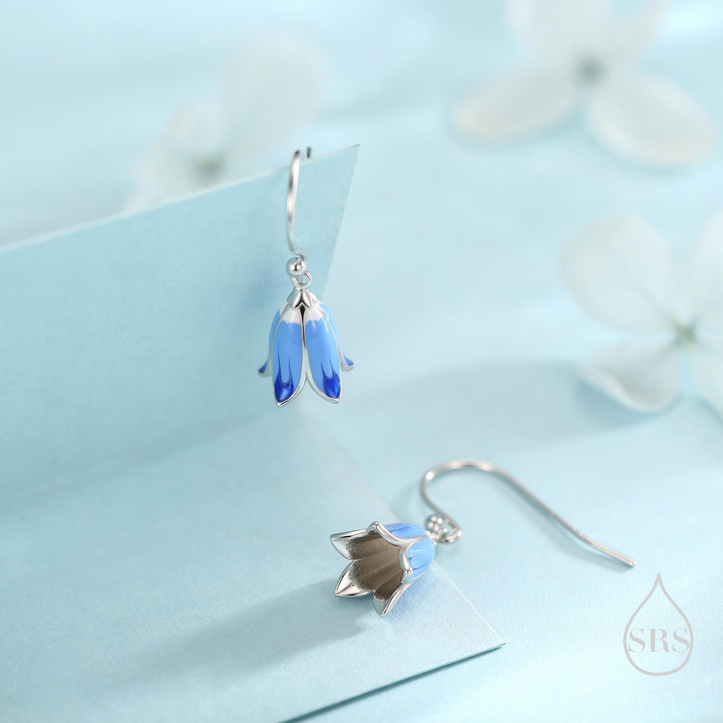 Sterling Silver Enamel Bluebell Flower Drop Dangle Earrings, Dainty Dangle Bluebell Flower Hook Earrings, Snowdrop Earrings, Spring Flowers