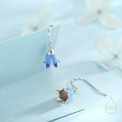 Sterling Silver Enamel Bluebell Flower Drop Dangle Earrings, Dainty Dangle Bluebell Flower Hook Earrings, Snowdrop Earrings, Spring Flowers
