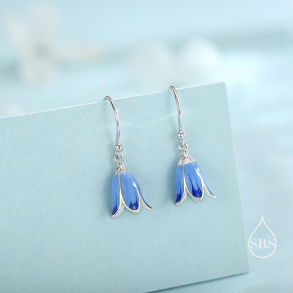 Sterling Silver Enamel Bluebell Flower Drop Dangle Earrings, Dainty Dangle Bluebell Flower Hook Earrings, Snowdrop Earrings, Spring Flowers