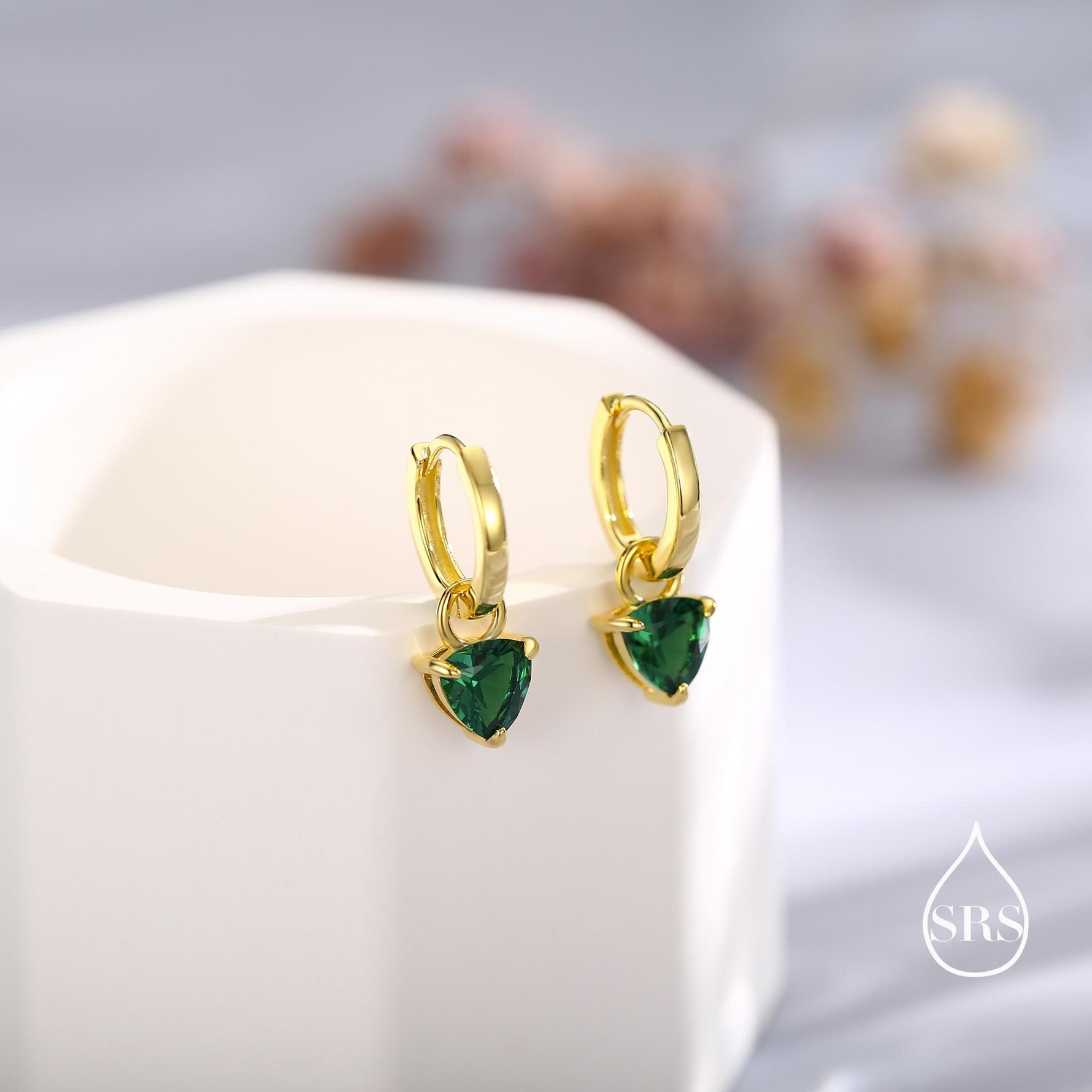 Sterling Silver Emerald Green Trillion Cut CZ Hoop Earrings, Silver, Gold, Triangle Dangle Hoop Earrings, Interchangeable Charm