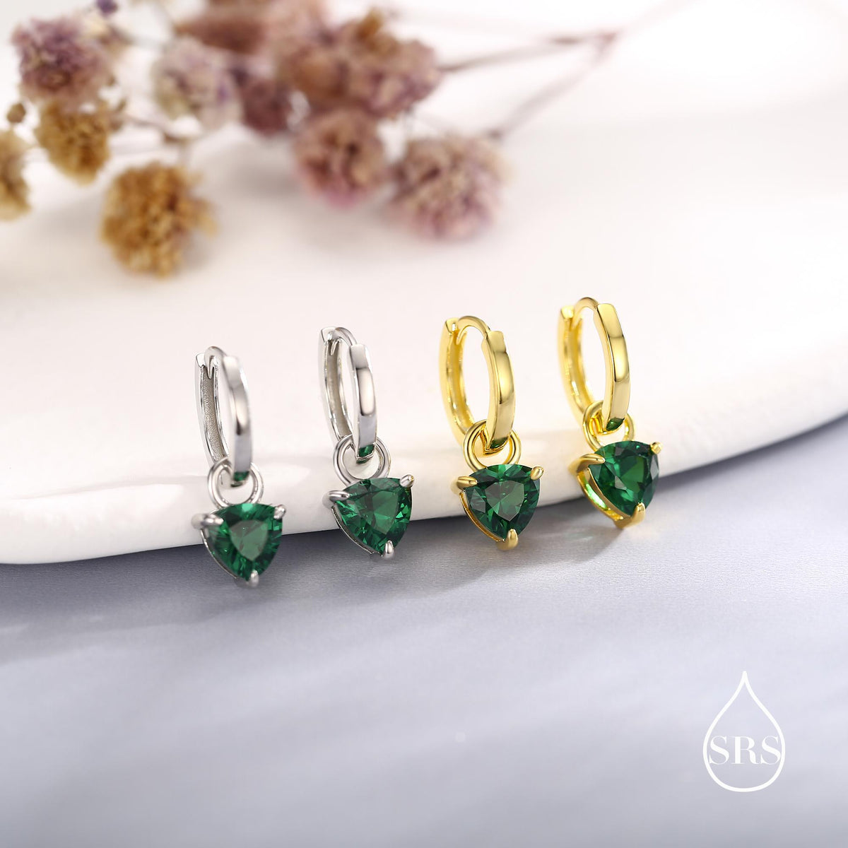 Sterling Silver Emerald Green Trillion Cut CZ Hoop Earrings, Silver, Gold, Triangle Dangle Hoop Earrings, Interchangeable Charm