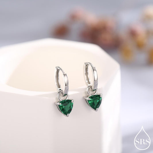 Sterling Silver Emerald Green Trillion Cut CZ Hoop Earrings, Silver, Gold, Triangle Dangle Hoop Earrings, Interchangeable Charm