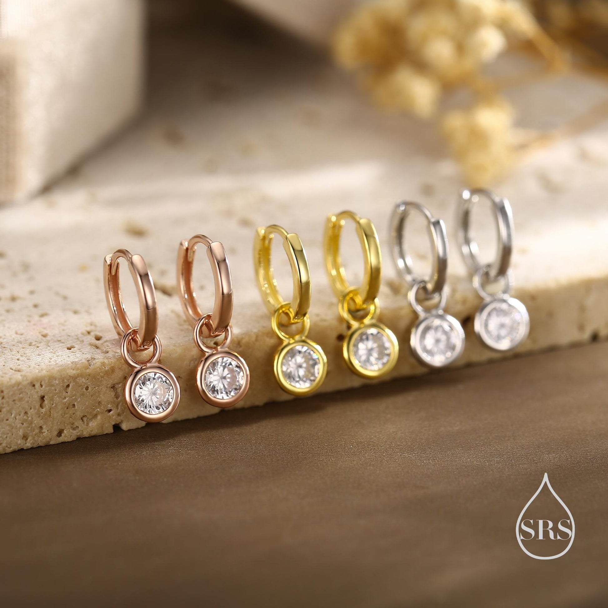 CZ Crystal Drop Hoop Earrings in Sterling Silver, Detachable Dangle Earrings, April Birthstone, Silver, Gold, Rose Gold, Interchangeable