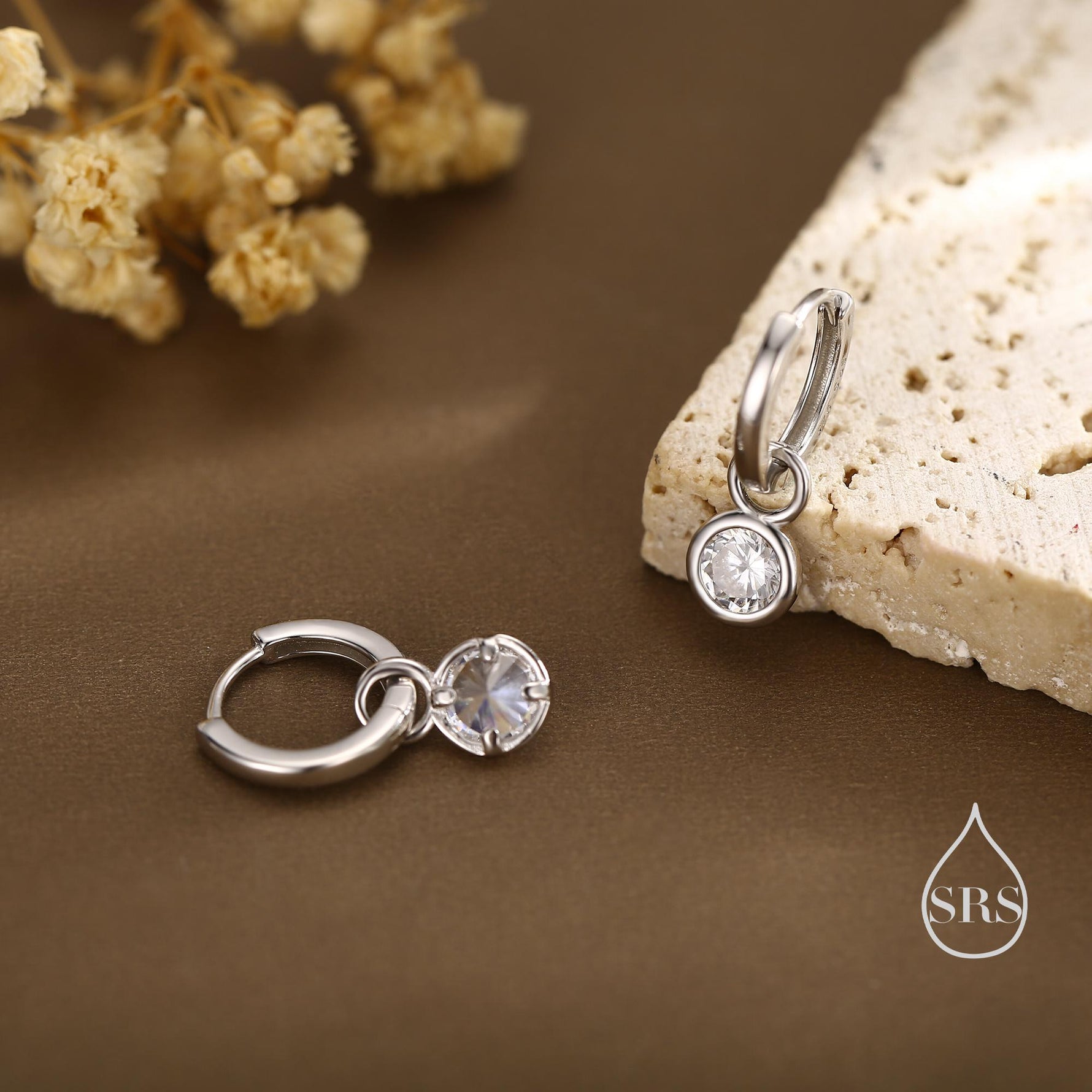 CZ Crystal Drop Hoop Earrings in Sterling Silver, Detachable Dangle Earrings, April Birthstone, Silver, Gold, Rose Gold, Interchangeable