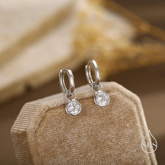 CZ Crystal Drop Hoop Earrings in Sterling Silver, Detachable Dangle Earrings, April Birthstone, Silver, Gold, Rose Gold, Interchangeable