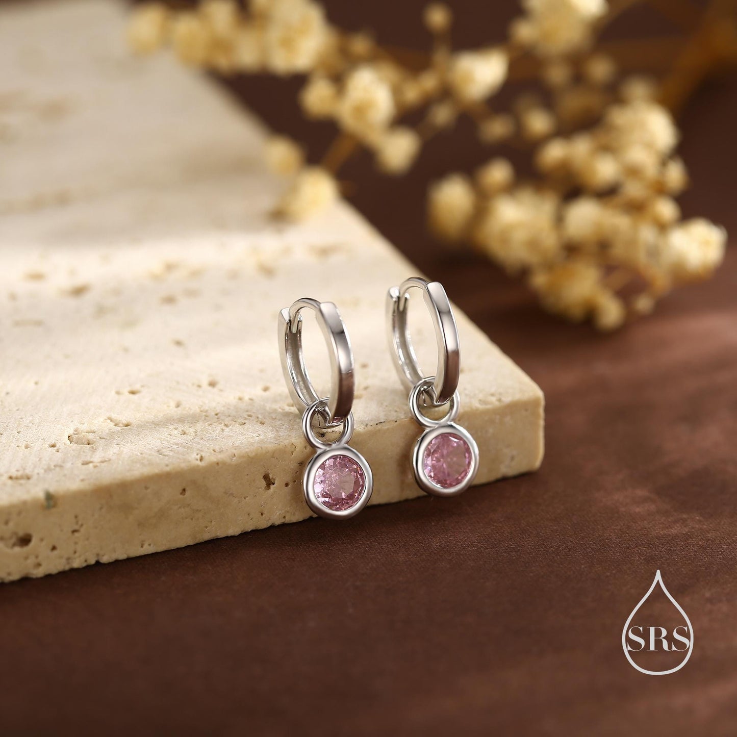 October Birthstone Tourmaline Pink Crystal Drop Hoop Earrings in Sterling Silver, Detachable Dangle Earrings, Silver, Gold, Rose Gold