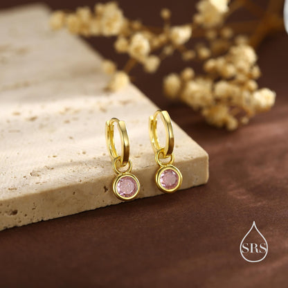 October Birthstone Tourmaline Pink Crystal Drop Hoop Earrings in Sterling Silver, Detachable Dangle Earrings, Silver, Gold, Rose Gold