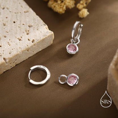 October Birthstone Tourmaline Pink Crystal Drop Hoop Earrings in Sterling Silver, Detachable Dangle Earrings, Silver, Gold, Rose Gold