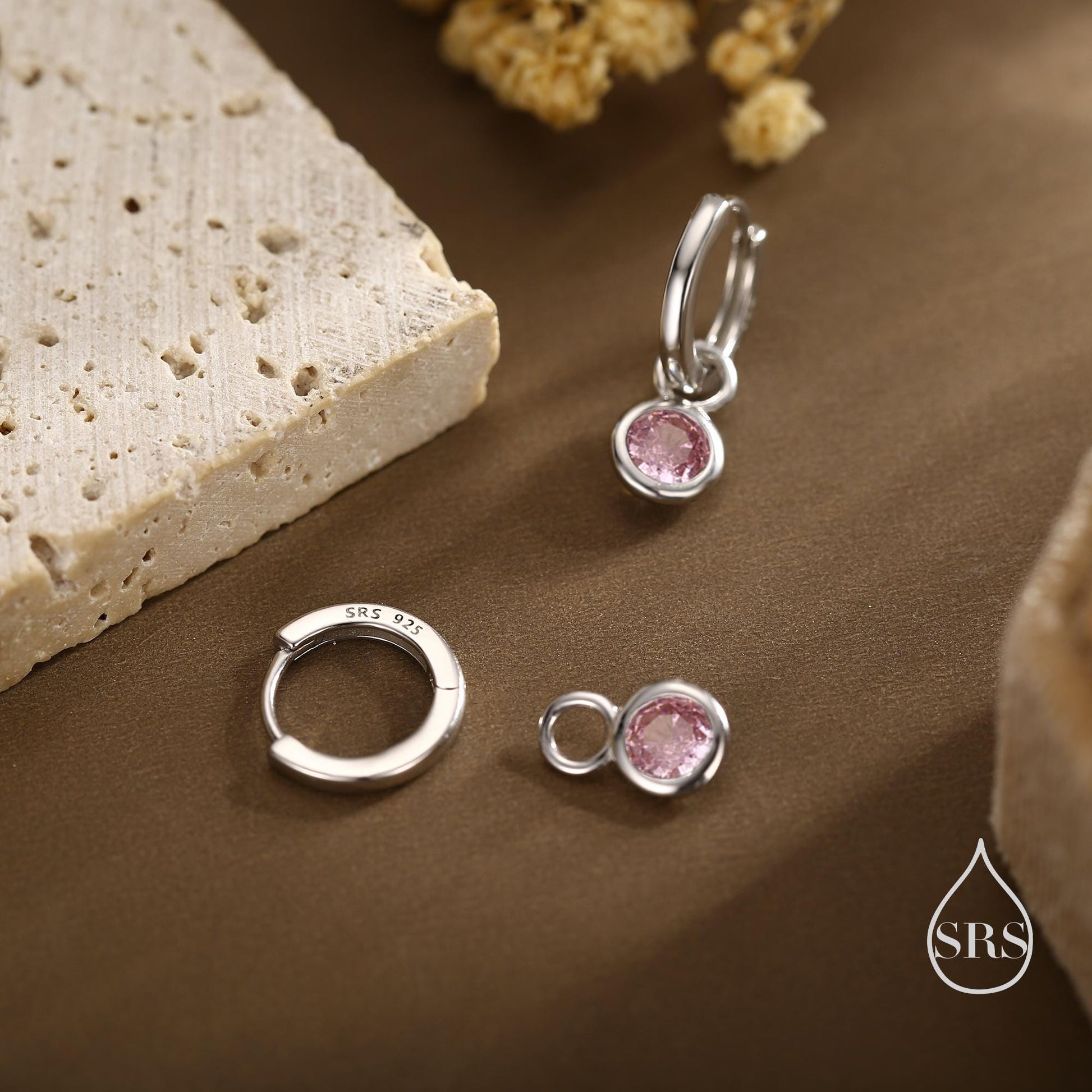 October Birthstone Tourmaline Pink Crystal Drop Hoop Earrings in Sterling Silver, Detachable Dangle Earrings, Silver, Gold, Rose Gold