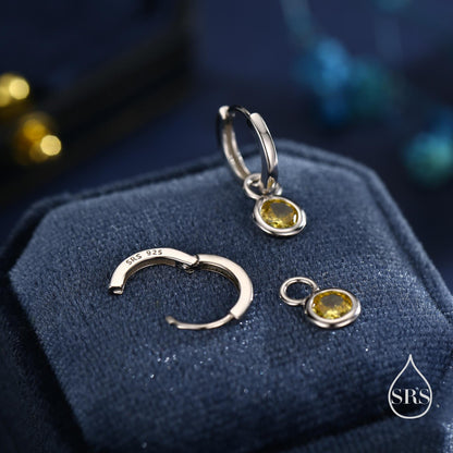 November Birthstone Citrine Yellow Crystal Drop Hoop Earrings in Sterling Silver, Detachable Dangle Earrings, Silver, Gold, Rose Gold