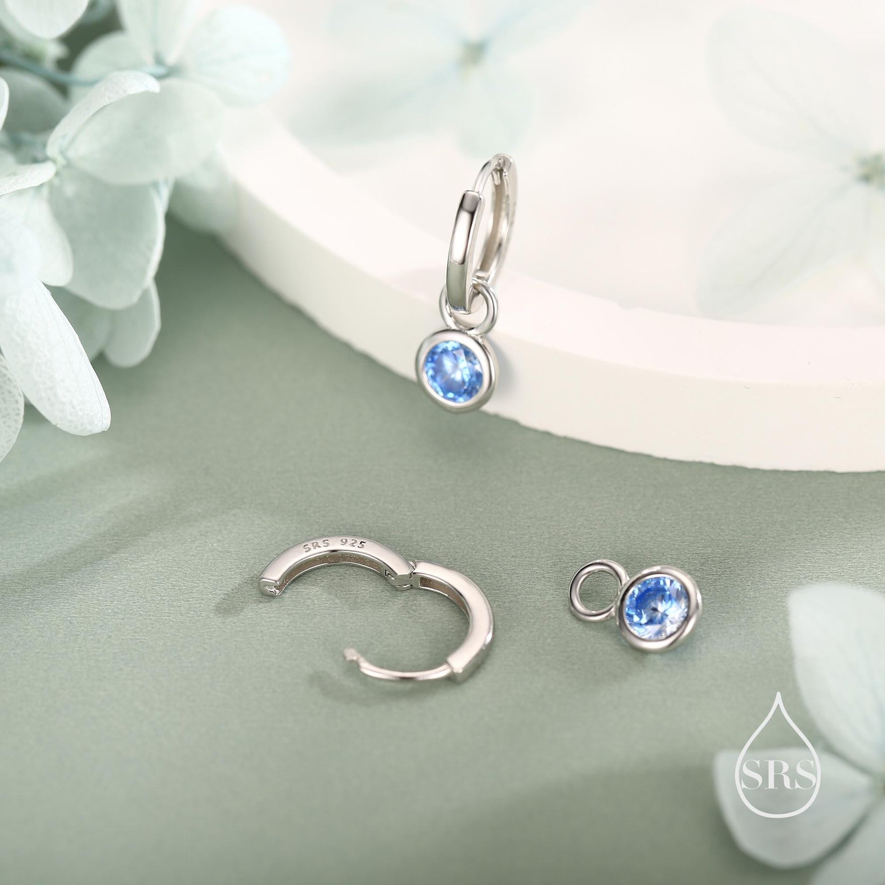 March Birthstone Aquamarine Hoop Earrings in Sterling Silver, Detachable Dangle Hoop Earrings, Silver, Gold or Rose Gold, Interchangeable