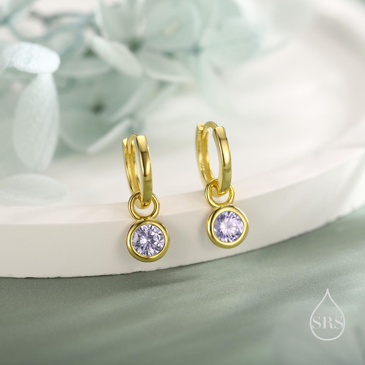 June Birthstone Alexandrite Crystal Drop Hoop Earrings in Sterling Silver, Detachable Dangle Earrings, Silver, Gold, Rose Gold