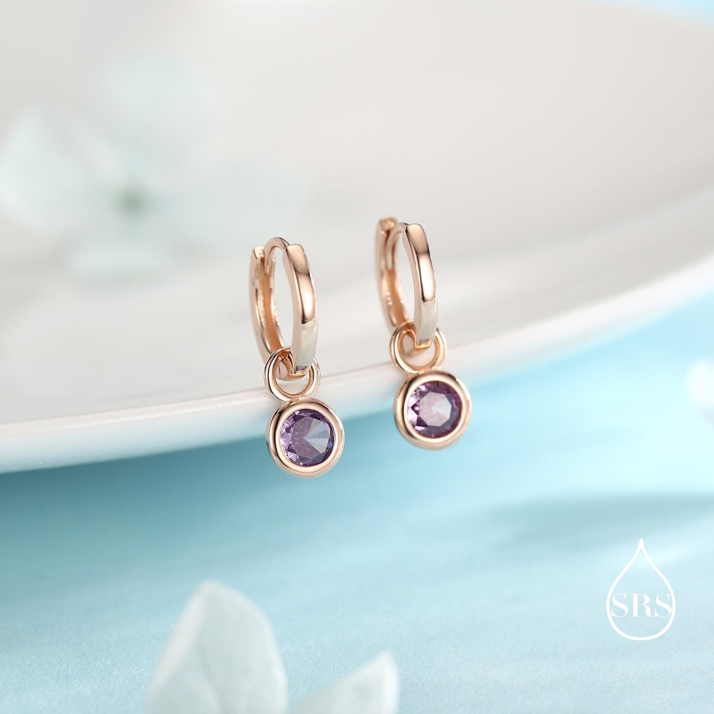 February Birthstone Amethyst Hoop Earrings in Sterling Silver, Detachable Dangle Hoop Earrings, Silver, Gold or Rose Gold, Interchangeable
