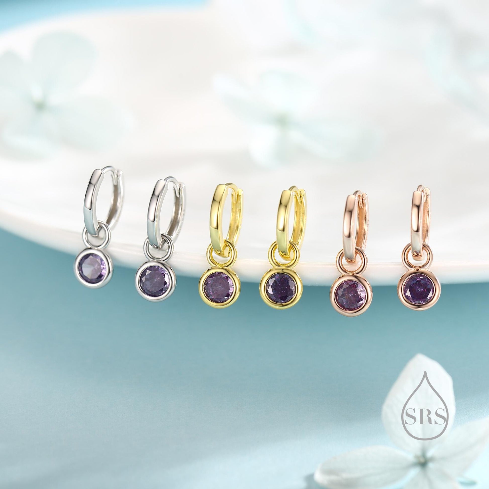 February Birthstone Amethyst Hoop Earrings in Sterling Silver, Detachable Dangle Hoop Earrings, Silver, Gold or Rose Gold, Interchangeable