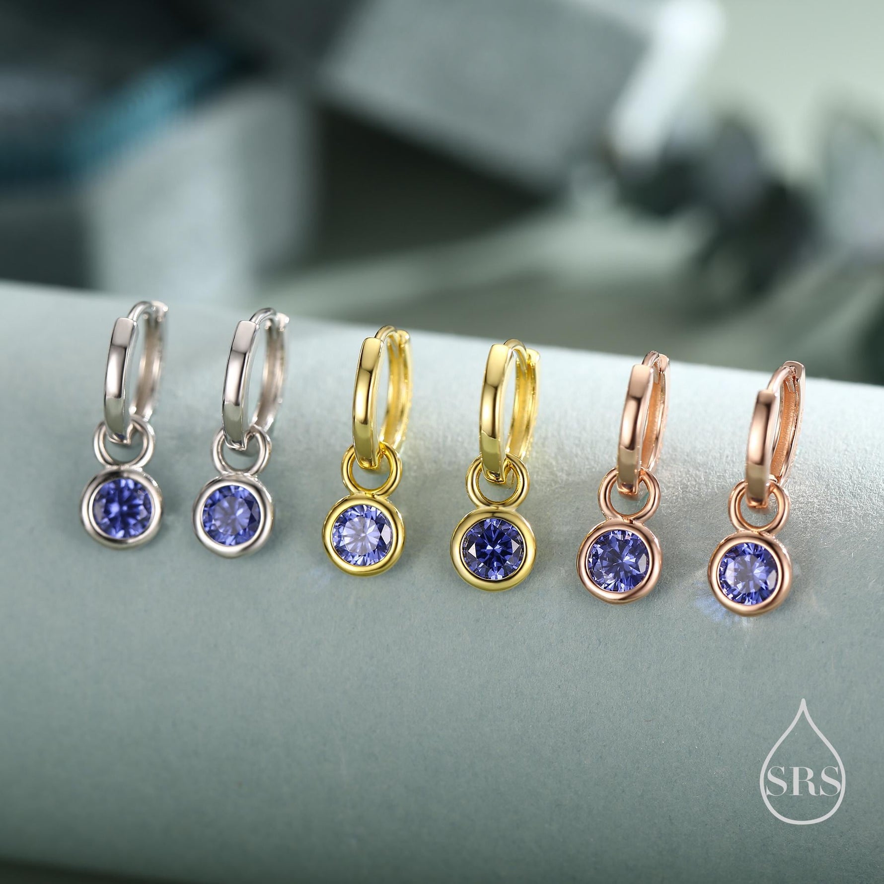 December Birthstone Tanzanite Blue Crystal Drop Hoop Earrings in Sterling Silver, Detachable Dangle Earrings, Silver, Gold, Rose Gold