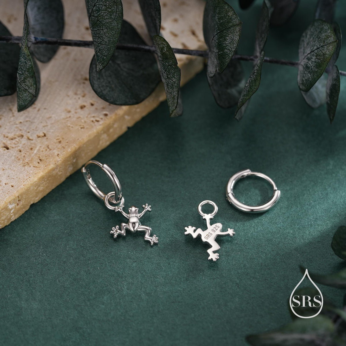 Frog Huggie Hoop Earrings in Sterling Silver - Available in Silver or Gold or Rose Gold Finish - Detachable Frog Charm Hoops