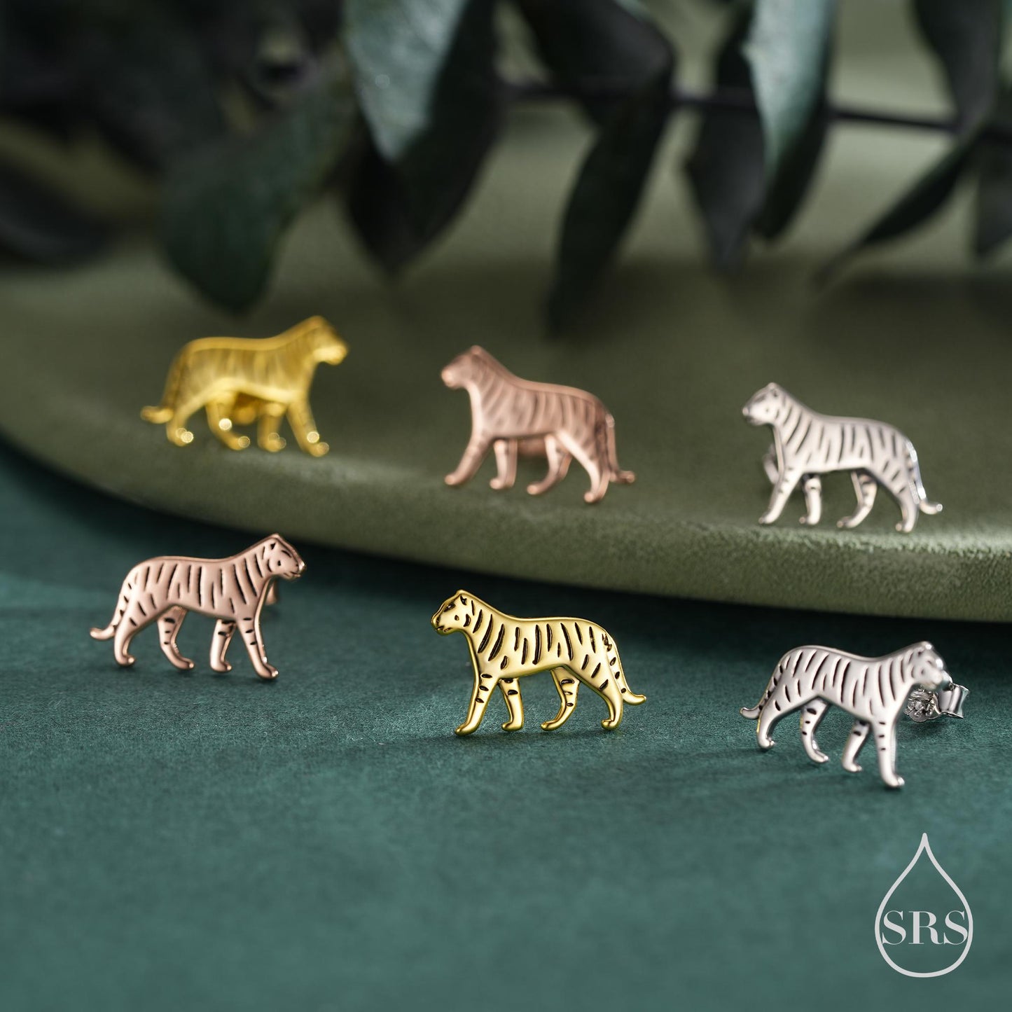 Sterling Silver Tiger Stud Earrings - Available in Silver, Gold or Rose Gold Finish, Tiger Earrings, Nature Inspired Animal Earrings