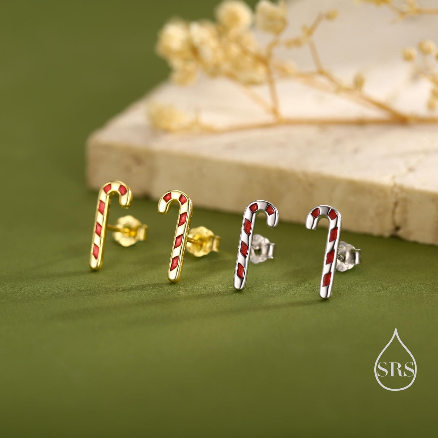 Tiny Candy Cane Stud Earrings in Sterling Silver, Silver or Gold Finish, Tiny Candy Cane Earrings, Christmas Earrings, Festive Earrings