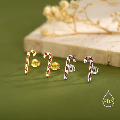 Tiny Candy Cane Stud Earrings in Sterling Silver, Silver or Gold Finish, Tiny Candy Cane Earrings, Christmas Earrings, Festive Earrings