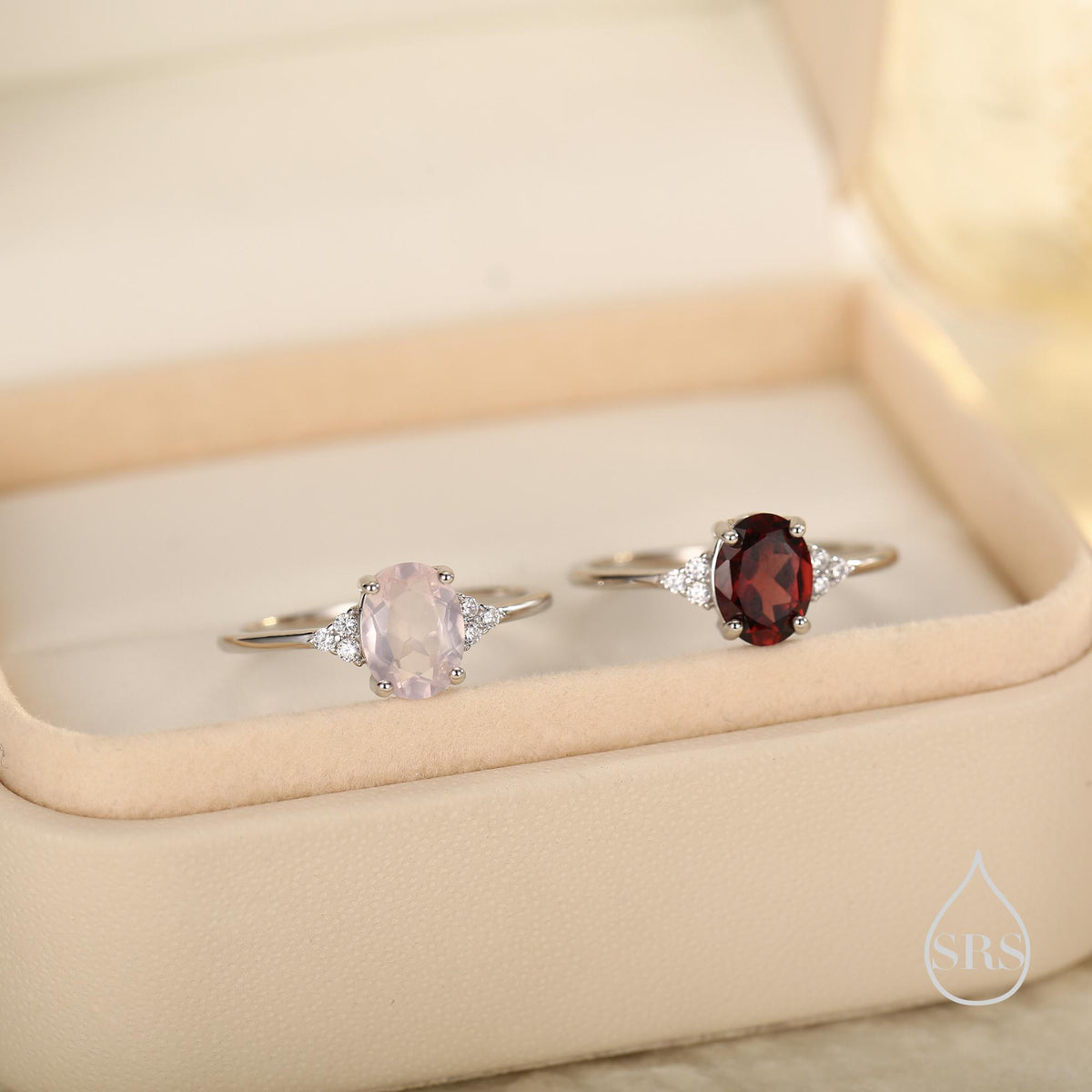 Genuine Oval Rose Quartz Ring in Sterling Silver, Natural Rose Quartz Ring, Three CZ, Pink Quartz Crystal, Vintage Inspired Design, US 5 - 8