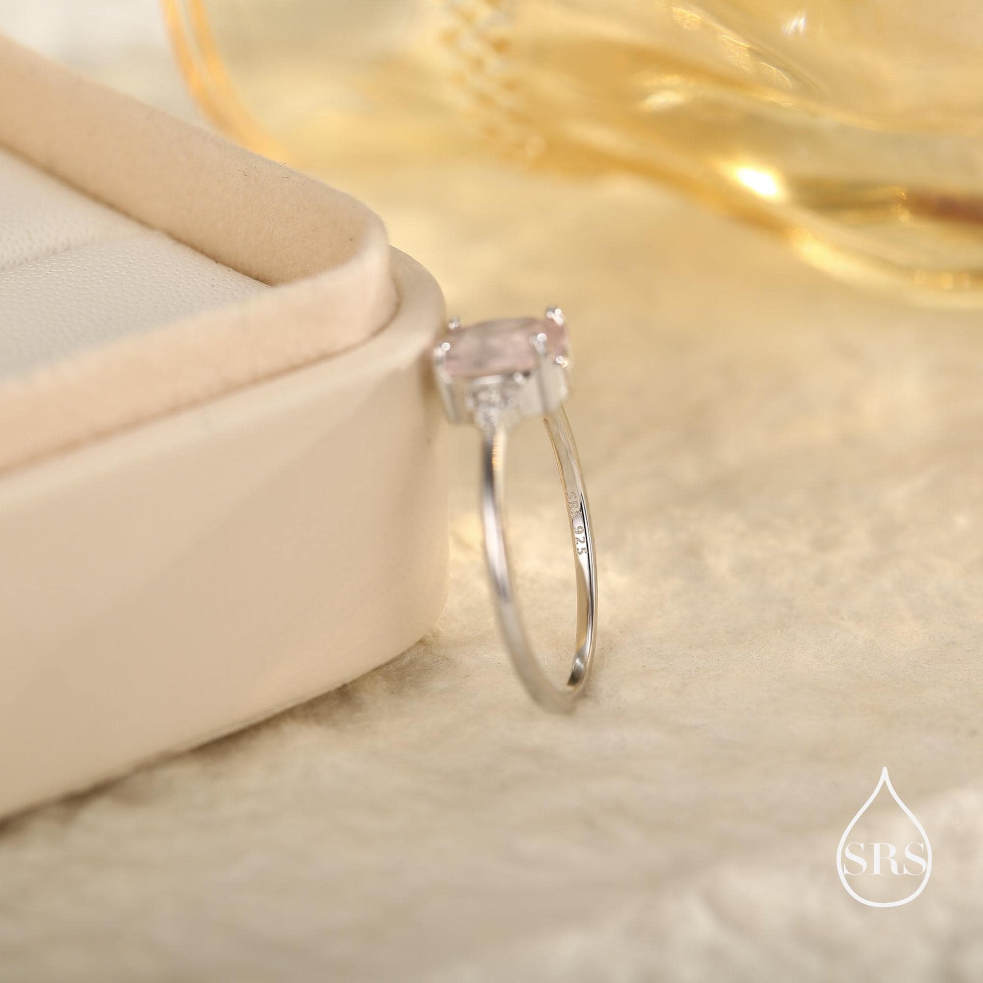 Genuine Oval Rose Quartz Ring in Sterling Silver, Natural Rose Quartz Ring, Three CZ, Pink Quartz Crystal, Vintage Inspired Design, US 5 - 8