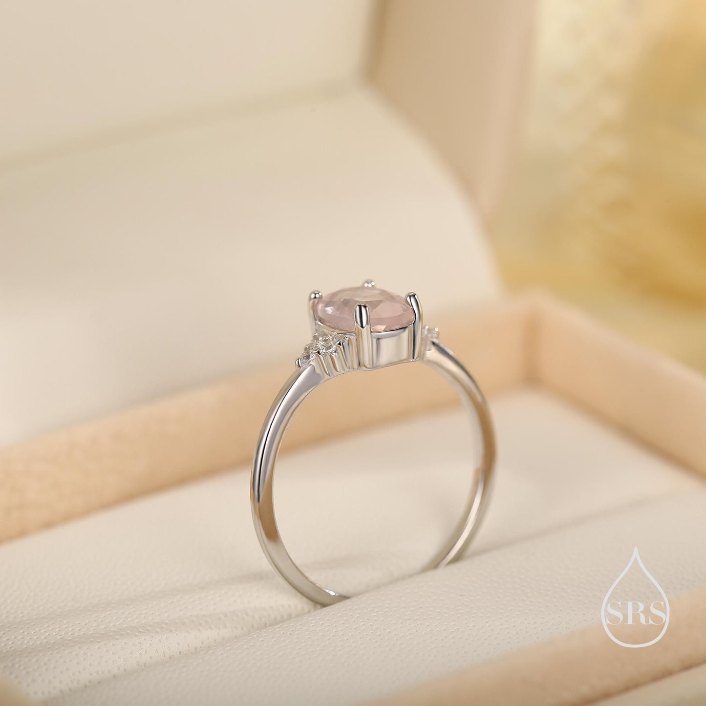 Genuine Oval Rose Quartz Ring in Sterling Silver, Natural Rose Quartz Ring, Three CZ, Pink Quartz Crystal, Vintage Inspired Design, US 5 - 8