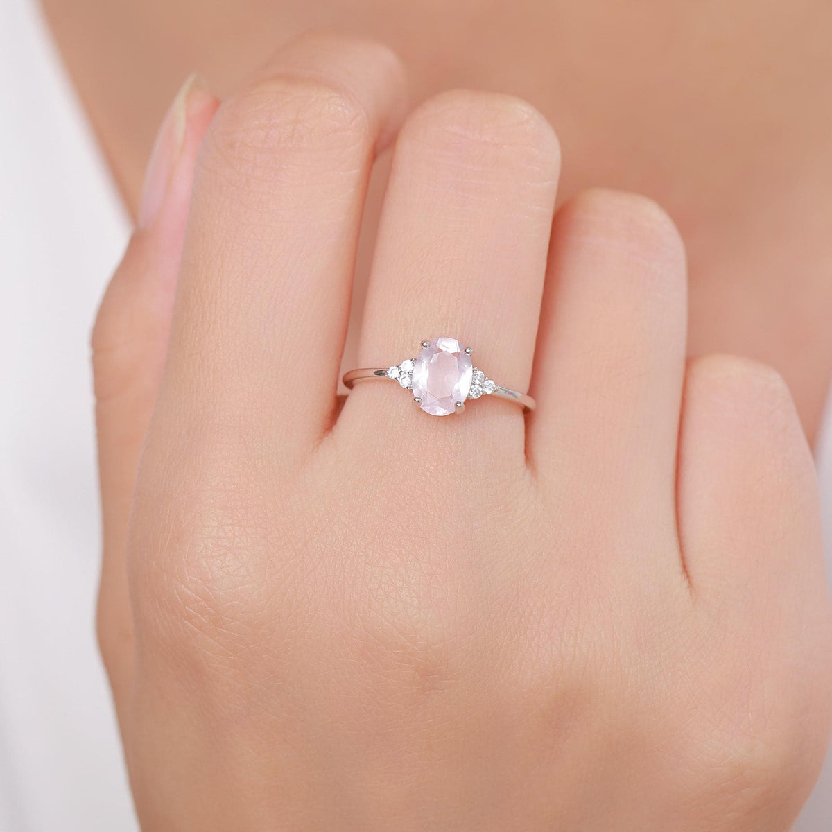Genuine Oval Rose Quartz Ring in Sterling Silver, Natural Rose Quartz Ring, Three CZ, Pink Quartz Crystal, Vintage Inspired Design, US 5 - 8