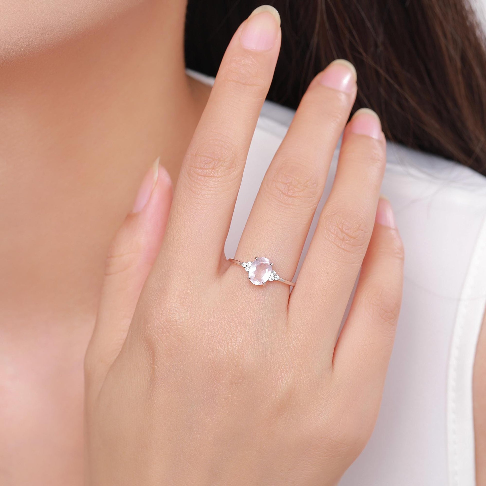Genuine Oval Rose Quartz Ring in Sterling Silver, Natural Rose Quartz Ring, Three CZ, Pink Quartz Crystal, Vintage Inspired Design, US 5 - 8