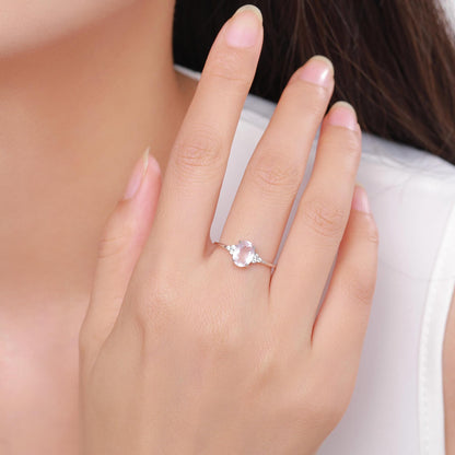 Genuine Oval Rose Quartz Ring in Sterling Silver, Natural Rose Quartz Ring, Three CZ, Pink Quartz Crystal, Vintage Inspired Design, US 5 - 8