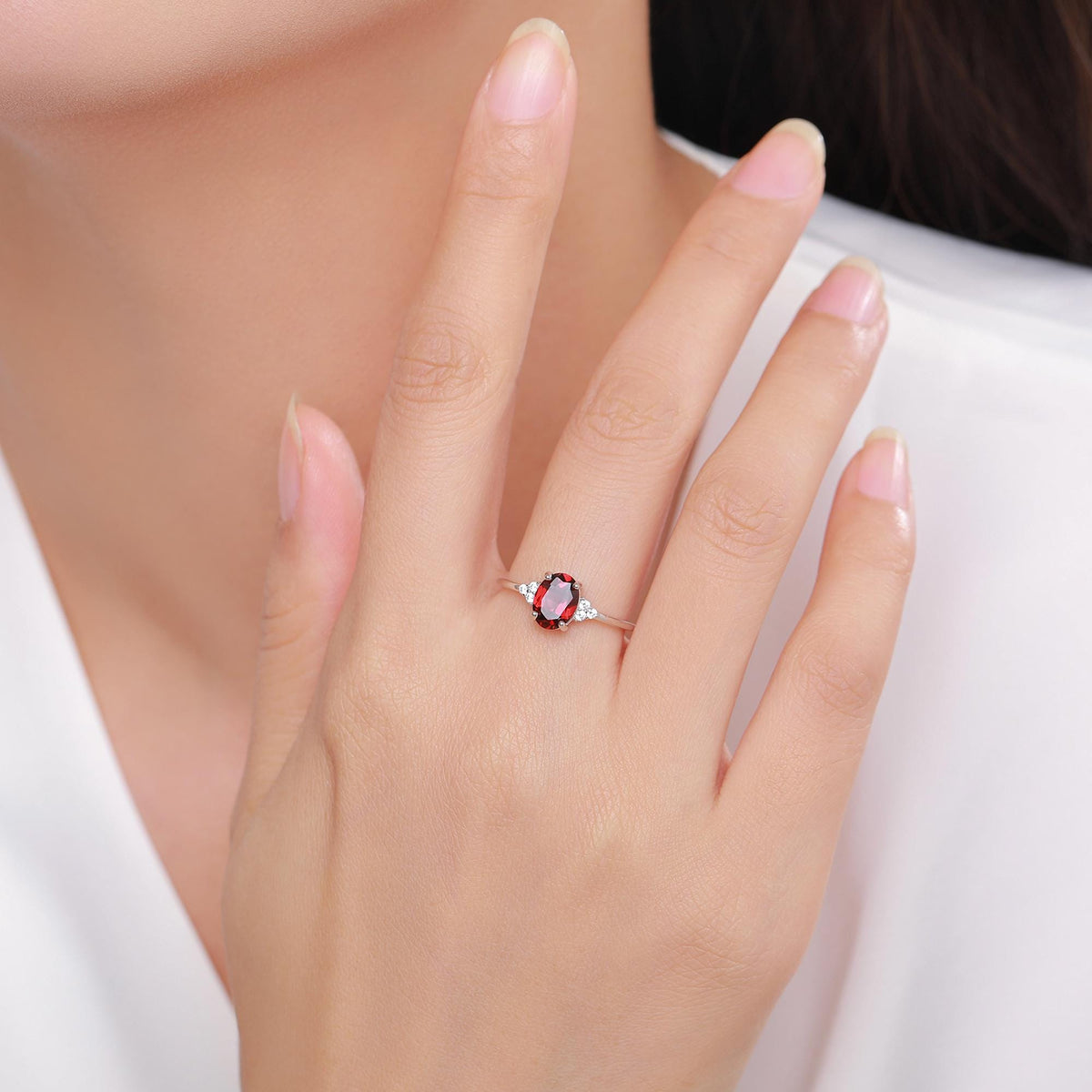 Genuine Garnet Oval Ring in Sterling Silver, Natural Red Garnet Ring, Three CZ, Garnet Crystal, Vintage Inspired Design, US 5 - 8