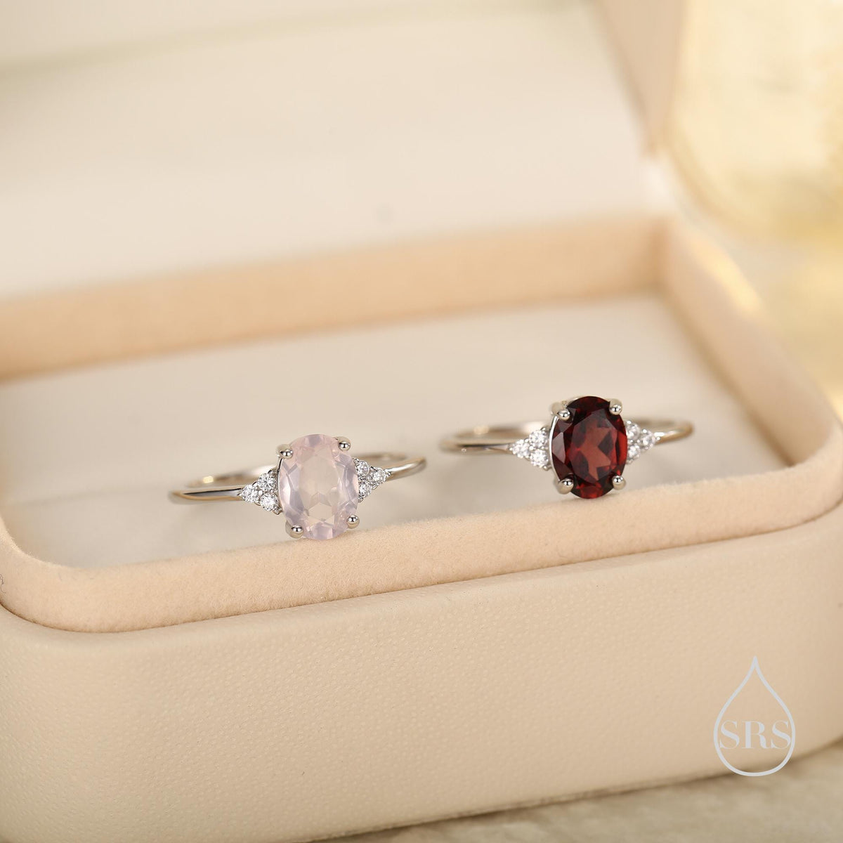 Genuine Garnet Oval Ring in Sterling Silver, Natural Red Garnet Ring, Three CZ, Garnet Crystal, Vintage Inspired Design, US 5 - 8