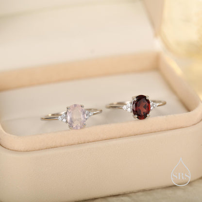 Genuine Garnet Oval Ring in Sterling Silver, Natural Red Garnet Ring, Three CZ, Garnet Crystal, Vintage Inspired Design, US 5 - 8