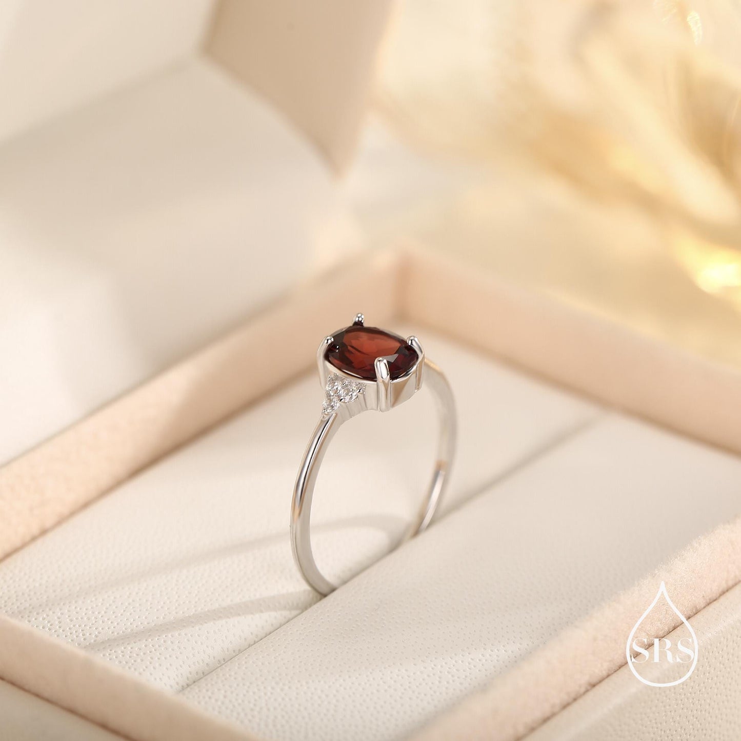 Genuine Garnet Oval Ring in Sterling Silver, Natural Red Garnet Ring, Three CZ, Garnet Crystal, Vintage Inspired Design, US 5 - 8