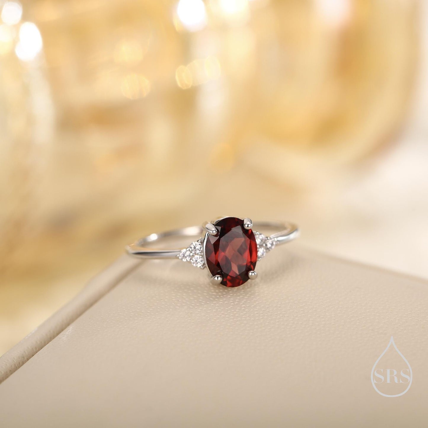 Genuine Garnet Oval Ring in Sterling Silver, Natural Red Garnet Ring, Three CZ, Garnet Crystal, Vintage Inspired Design, US 5 - 8