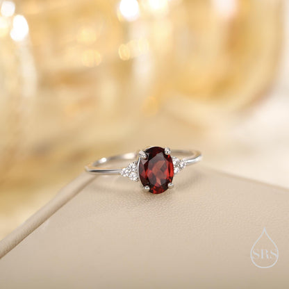 Genuine Garnet Oval Ring in Sterling Silver, Natural Red Garnet Ring, Three CZ, Garnet Crystal, Vintage Inspired Design, US 5 - 8