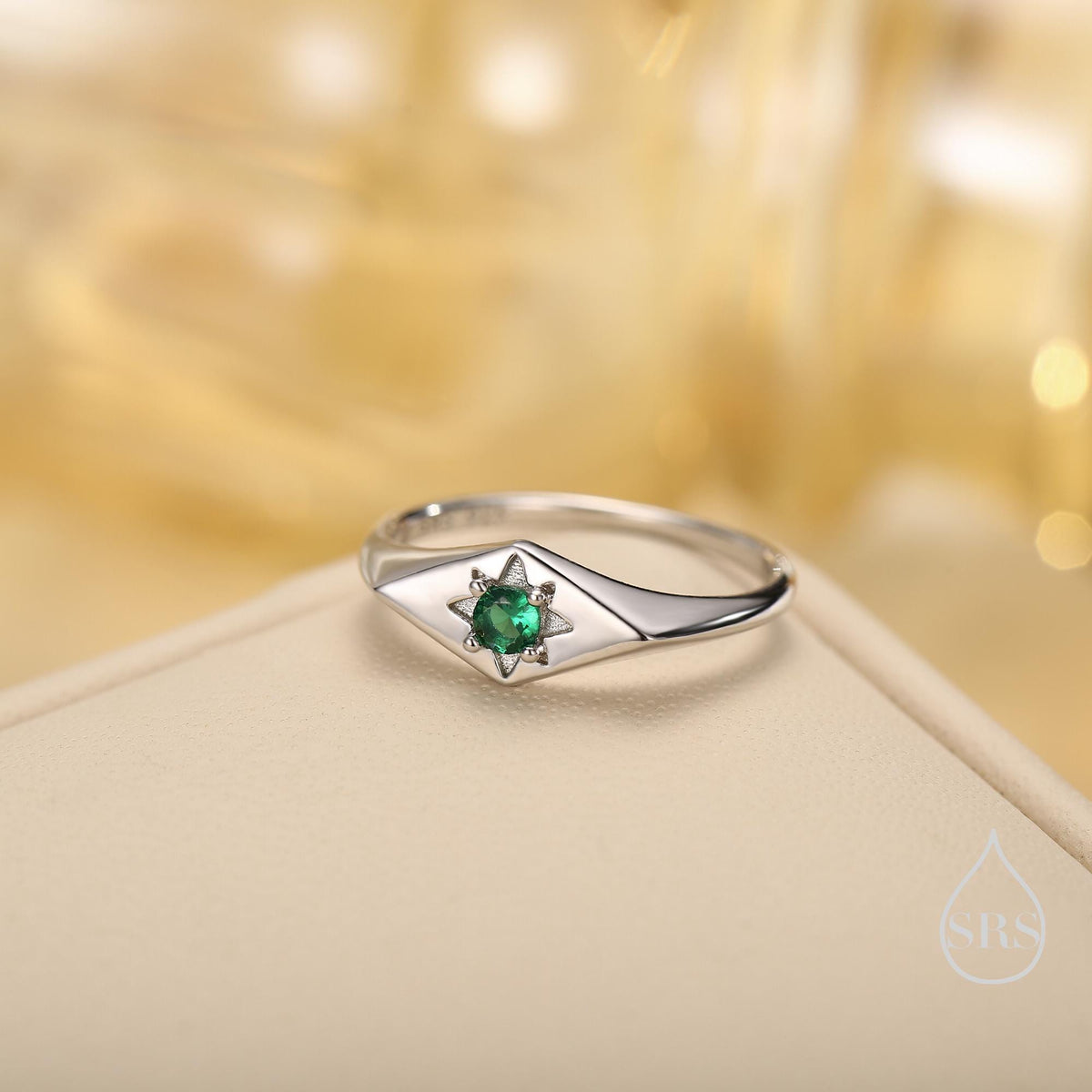 Kite Signet Emerald Ring in Sterling Silver, Silver or Gold, Starburst Emerald CZ Ring, Rhombus Ring, US 5 - 8