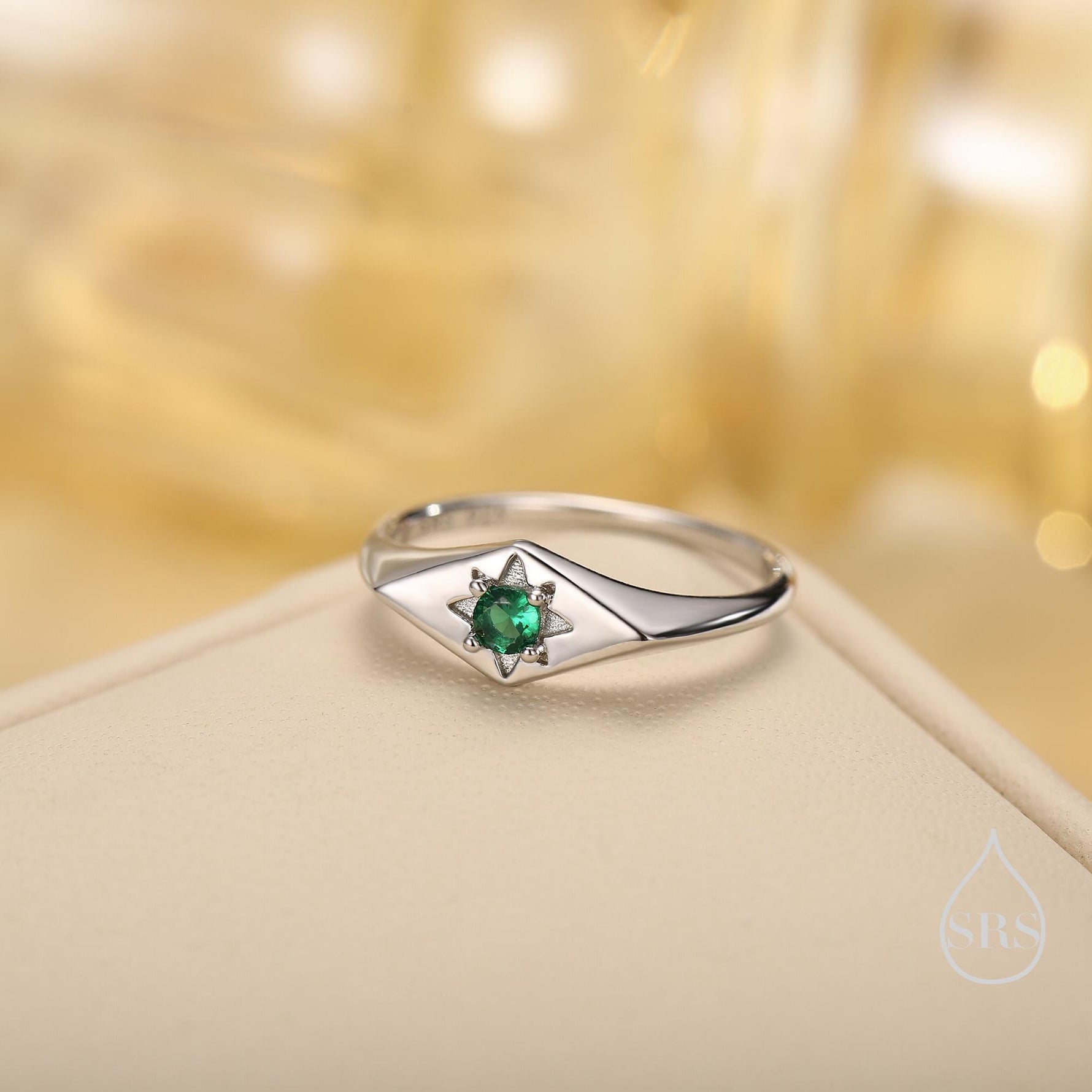 Kite Signet Emerald Ring in Sterling Silver, Silver or Gold, Starburst Emerald CZ Ring, Rhombus Ring, US 5 - 8