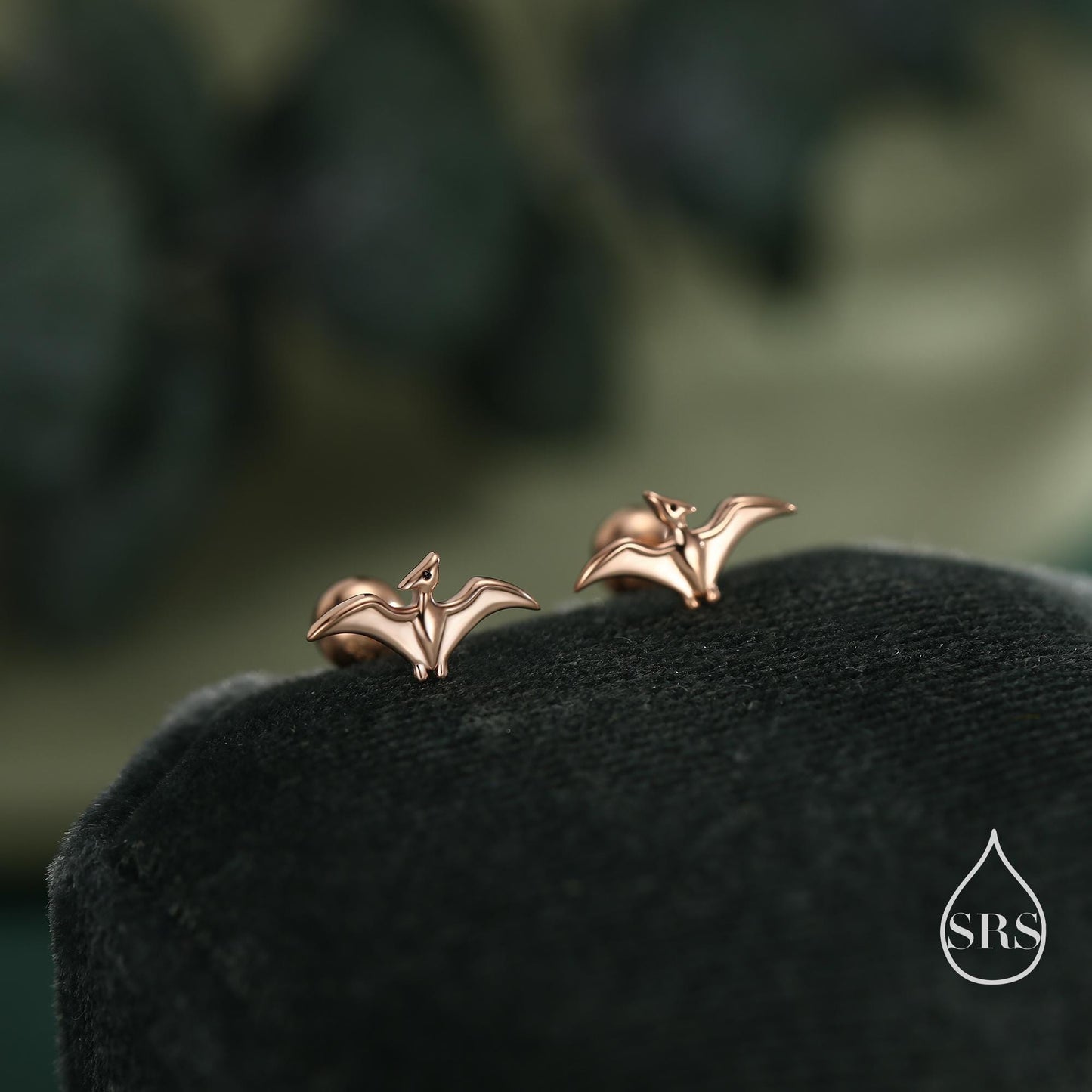 Extra Tiny Pterosaurs Flying Dinosaur Internally Threaded Flat Back / Screw Back / Stud Earrings in Sterling Silver, Cute, Fun, Whimsical