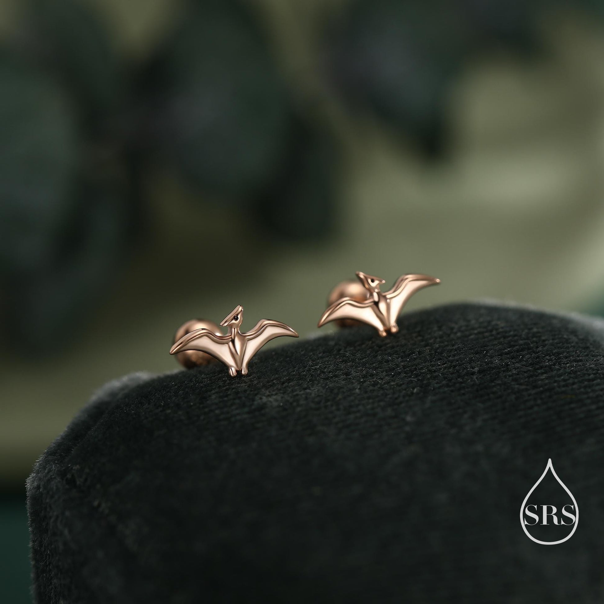 Extra Tiny Pterosaurs Flying Dinosaur Internally Threaded Flat Back / Screw Back / Stud Earrings in Sterling Silver, Cute, Fun, Whimsical