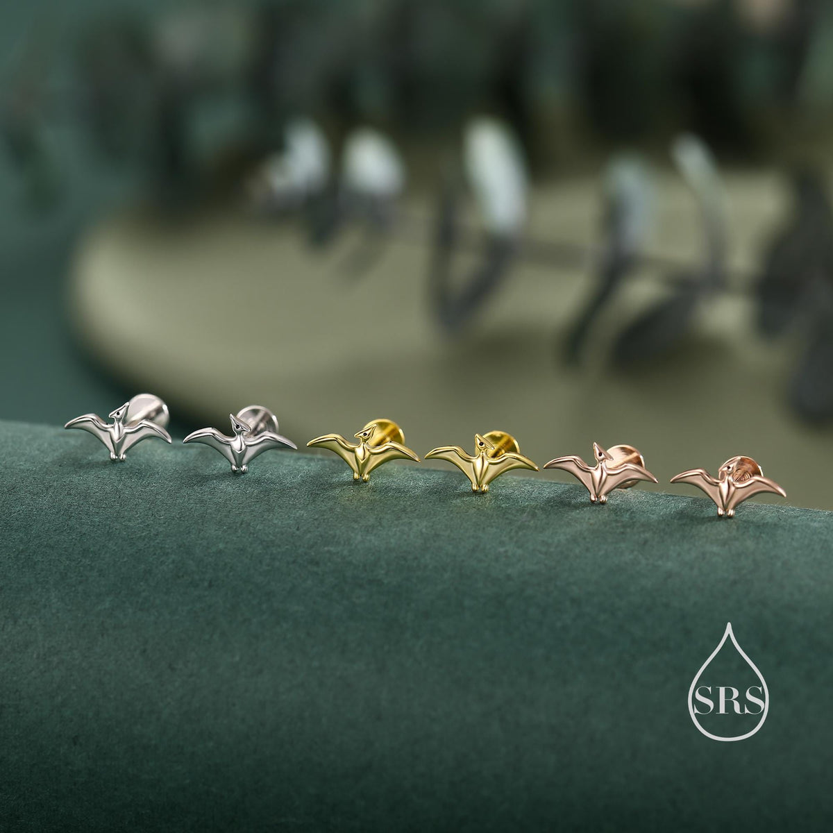 Tiny Pterosaurs Flying Dinosaur 16G Internally Threaded Flat Back Earrings in Sterling Silver, Animal Earrings
