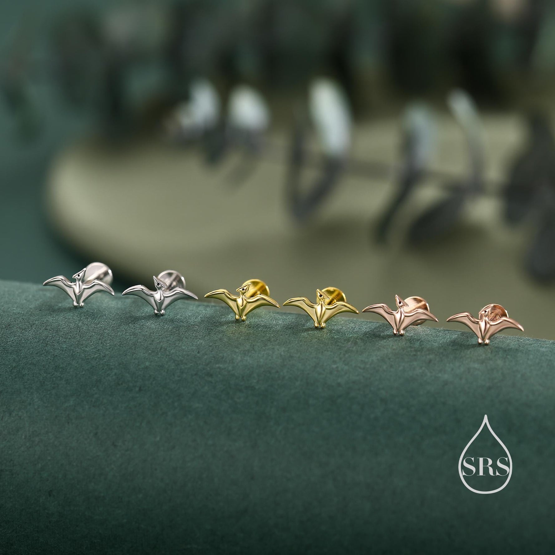 Tiny Pterosaurs Flying Dinosaur 16G Internally Threaded Flat Back Earrings in Sterling Silver, Animal Earrings