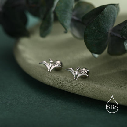 Extra Tiny Pterosaurs Flying Dinosaur Internally Threaded Flat Back / Screw Back / Stud Earrings in Sterling Silver, Cute, Fun, Whimsical
