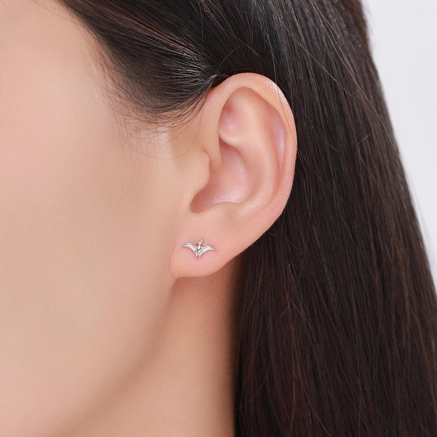 Tiny Pterosaurs Flying Dinosaur 16G Internally Threaded Flat Back Earrings in Sterling Silver, Animal Earrings