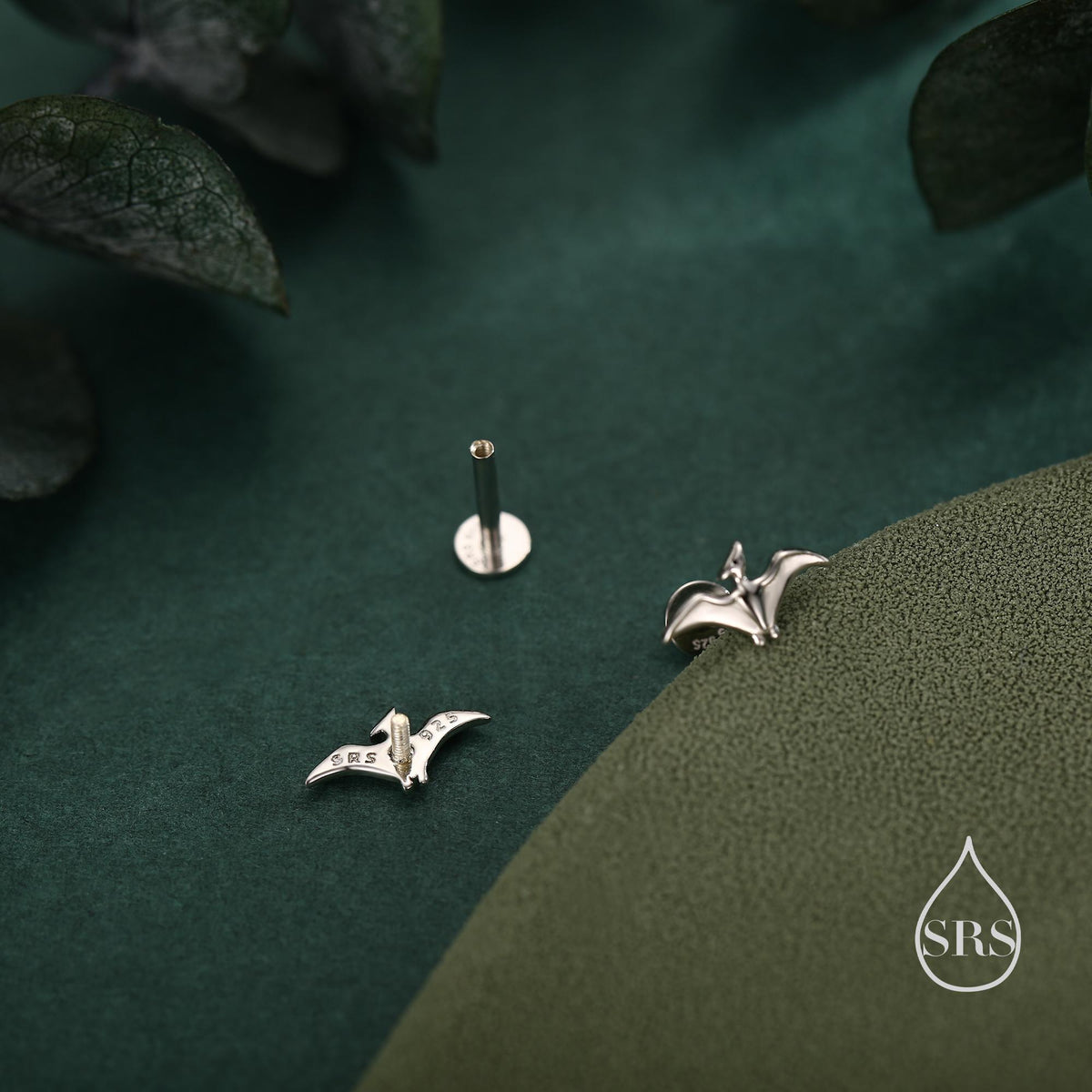Tiny Pterosaurs Flying Dinosaur 16G Internally Threaded Flat Back Earrings in Sterling Silver, Animal Earrings