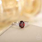 Genuine Garnet Oval Ring in Sterling Silver, Natural Red Garnet Ring, Three CZ, Garnet Crystal, Vintage Inspired Design, US 5 - 8