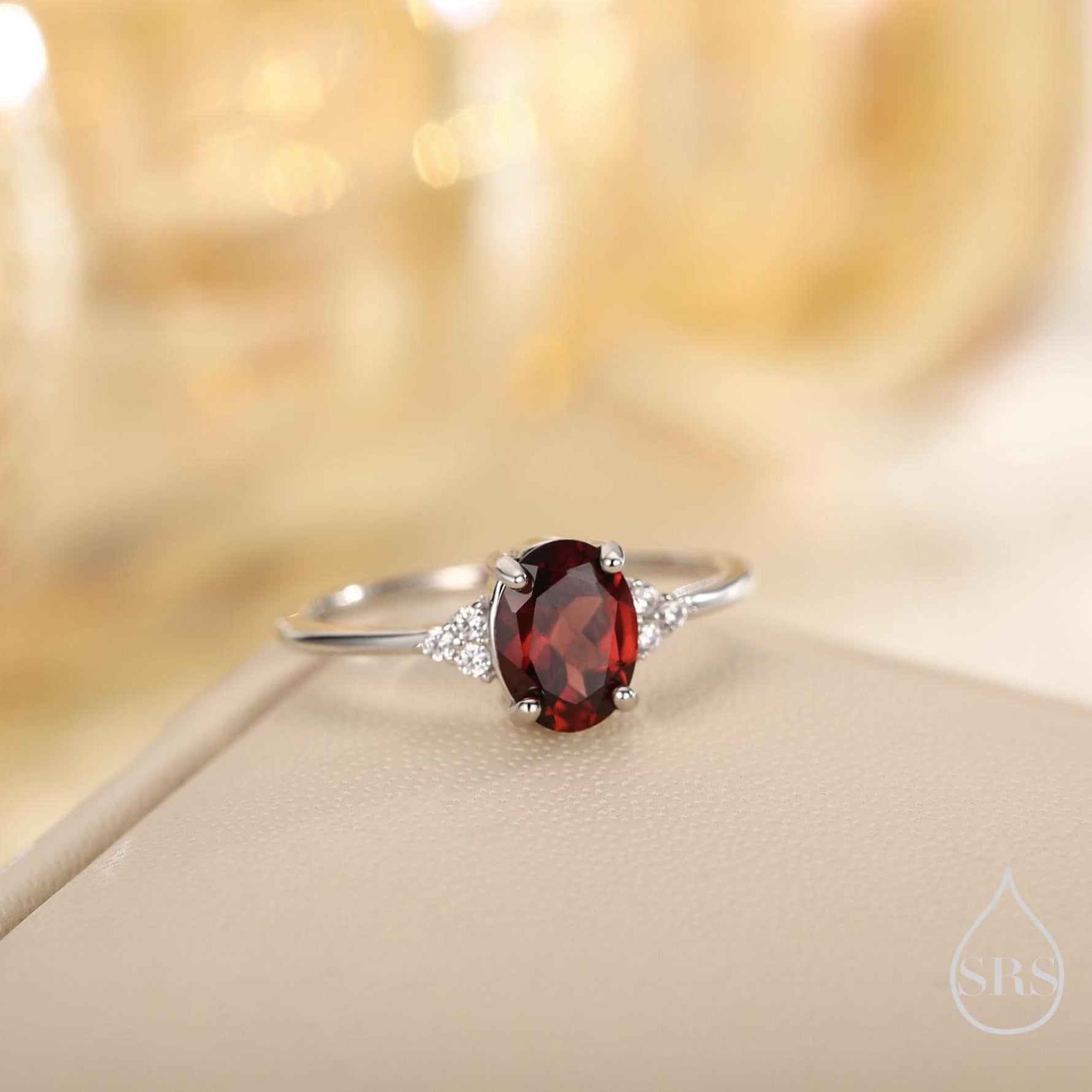 Genuine Garnet Oval Ring in Sterling Silver, Natural Red Garnet Ring, Three CZ, Garnet Crystal, Vintage Inspired Design, US 5 - 8